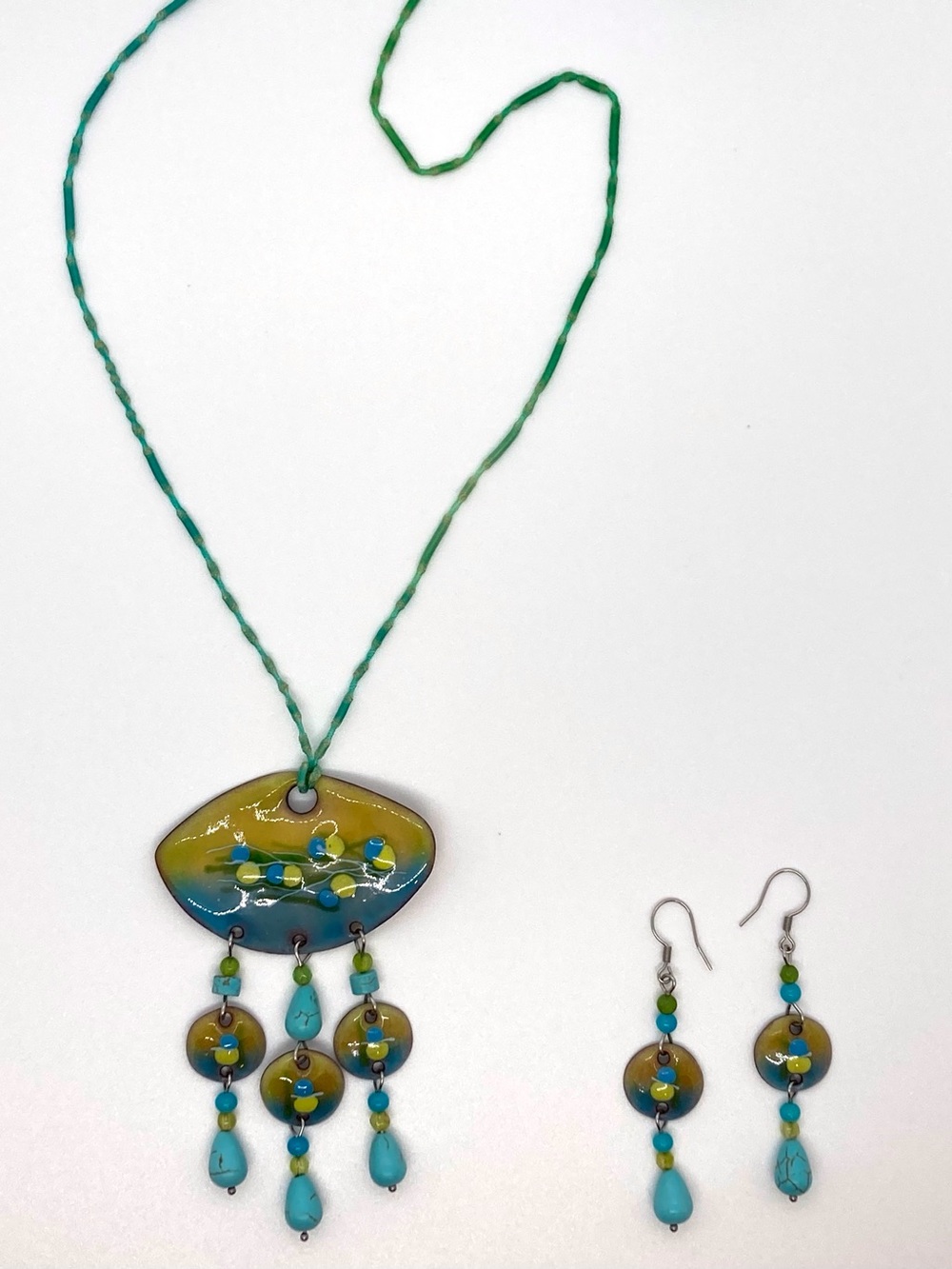 Handcrafted Blue Green Enamel Copper Pendant Necklace & Earring Set Boho